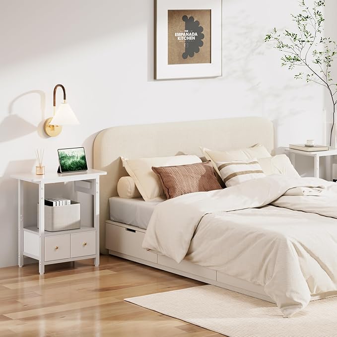 HLDIRECT Nightstand with Charging Station, Bedside Table with 2 Fabric Drawers and Large Storage Shelf for Small Space, End Table with Outlet and USB Ports for Living Room, Bedroom (White)