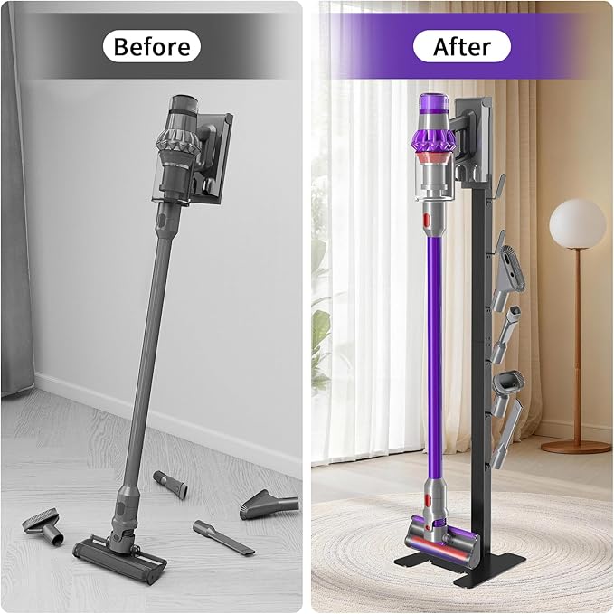 XIGOO Heavy-Duty Dyson Vacuum Stand for Gen5detect V15 V12 V11 V10 V8 V7 V6, Freestanding Vacuum Stand for Dyson Cordless Vacuum, Metal Docking Station with 6 Hooks, No-Drill Organizer, Black