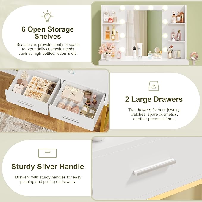 YESHOMY Vanity Desk with Mirror, Makeup Table with 2 Large Drawers, Power Outlet and Round Holder, 3 Color Modes Adjustable Bulb, Pure White & Gold Frame
