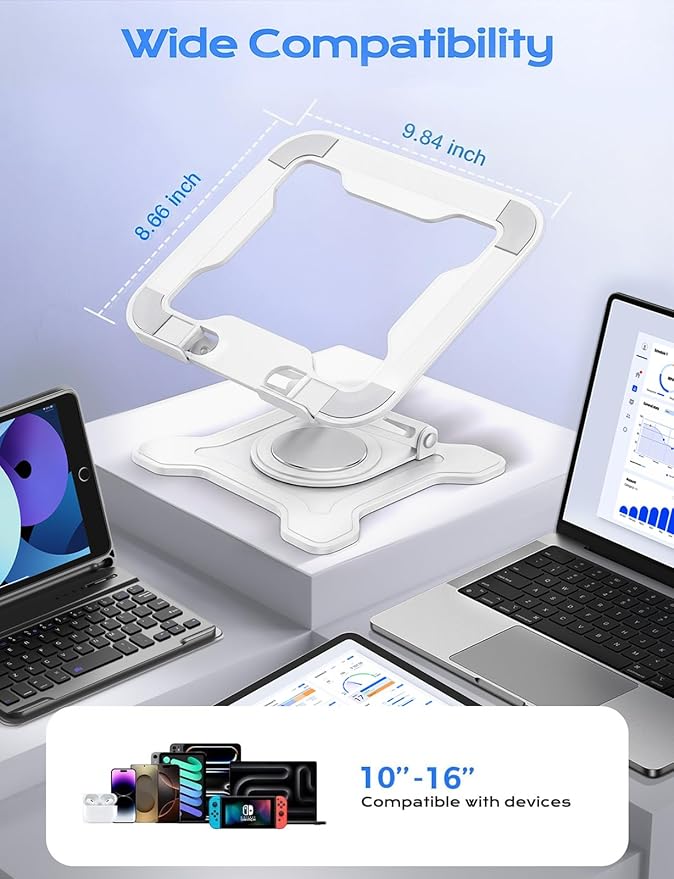 JCZT Adjustable Laptop Stand for Desk, 360° Rotating Base Ergonomic Computer Stand, Laptop Riser Foldable Protable for Office Home Fits Compatible with MacBook Pro/Air Notebook up to 10-16" White