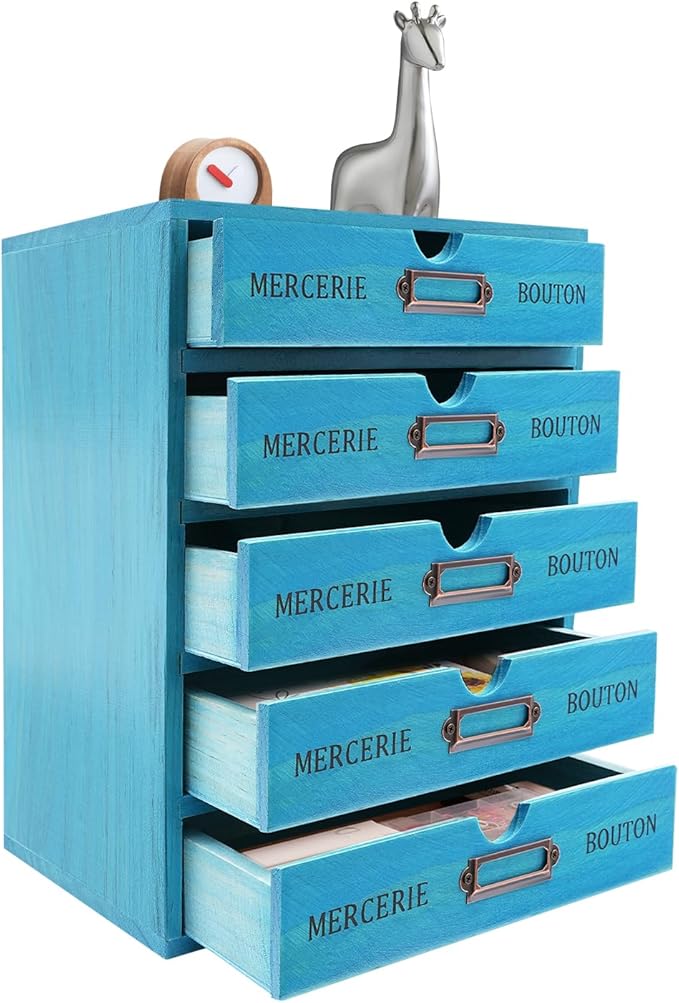 Wooden Drawer Organizer Storage Box with Label Holders Vintage Wood Desktop Organizer, Desk Drawer Unit Collectors Box for Living Rooms, Bedrooms, Offices (Blue, 1PC 5 Drawers)