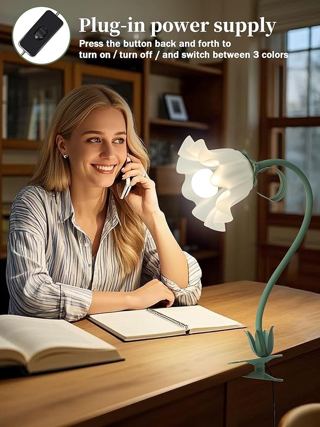 Flower Desk Lamp,LED Reading Light 360°Rotation Clip on Light,3 Color Modes Book Lights,Vintage Flower Bedside Lamp for Bed Headboard Bedroom College Dorm Office Lighting Desk Light Home Decoration