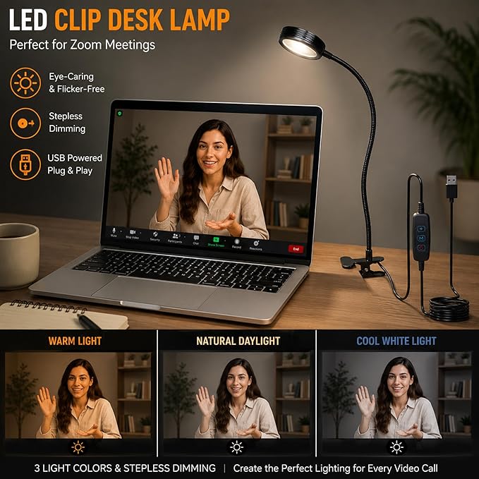 USB Clip-On Desk Lamp with 3 Color Modes, Adjustable Brightness, Gooseneck, 1 Minute Timer, Book Light for Reading Book in Bed at Night Clip on Table, headboard, Dorm, (Warm+Cool White, 8W)