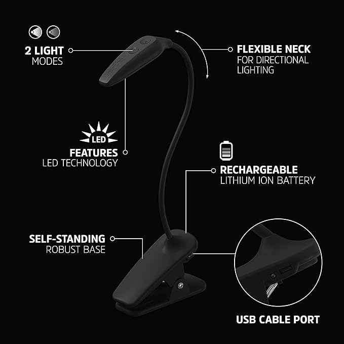 Energizer Rechargeable LED Book Light, Clip On Reading Light with Adjustable Light Modes, USB Charging Cable Included, Pack of 1, Black