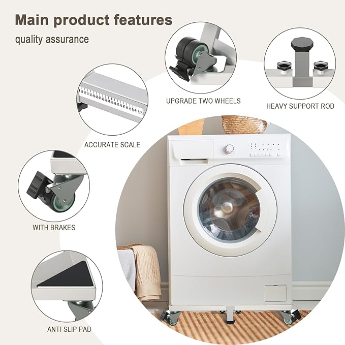 I'Ezonk Heavy Duty All Stainless Steel Mobile Mini Fridge Stand, Refrigerator Stand and Washing Machine Stand with Wheels, Adjustable Furniture Dolly for Washer, Refrigerator and Dryer(White)