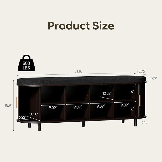 DHH 2-Tier Storage Bench,Wide Shoe Bench with Thickened Padded Seat Cushion, Mid Century Modern Fluted Sliding Door and Adjustable Shelf, for Entryway, Living Room, Bedroom (Dark Walnut, 51.2”)