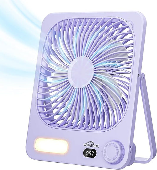 WHATOOK Small Desk Fan Rechargeable - 10000mAh Battery Operated Portable Fan with 100 Speeds & Night Light, Ultra Quiet Personal Desktop Fan for Bedroom, Office, Camping & RV Tent (Purple)