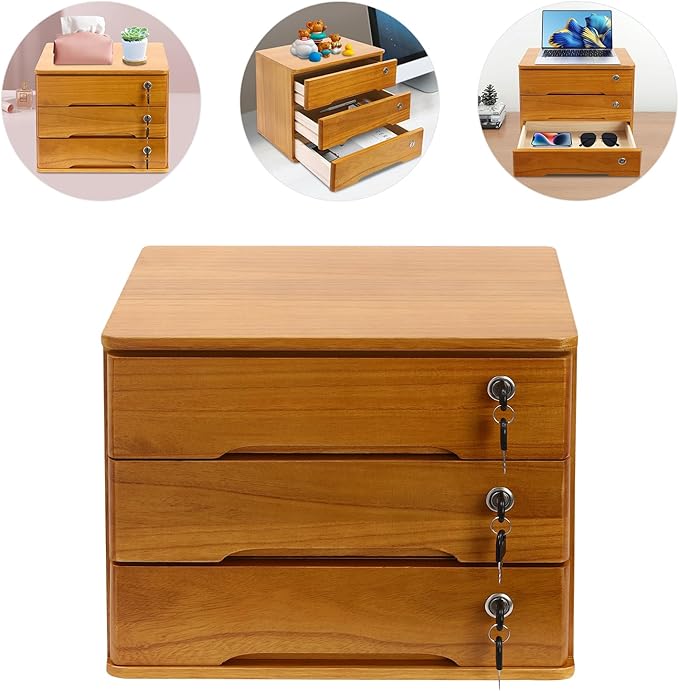 Wood Desk Organizer with 3 Drawers, Lockable Desktop Countertop Storage Cabinet for Home Office Supplies File Tabletop Organizing Unit, 15.75" x 11.02" x 12.2" (Brown)