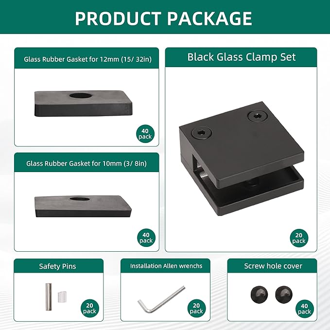 Black Glass Railing Clamp Adjustable Flat Shelf Bracket, for Thickness 3/8"-15/32"(10mm-12mm), 304 Stainless Steel Heavy Duty Square 55*55mm Glass Railing Balustrade Post Clip(20 Pack)