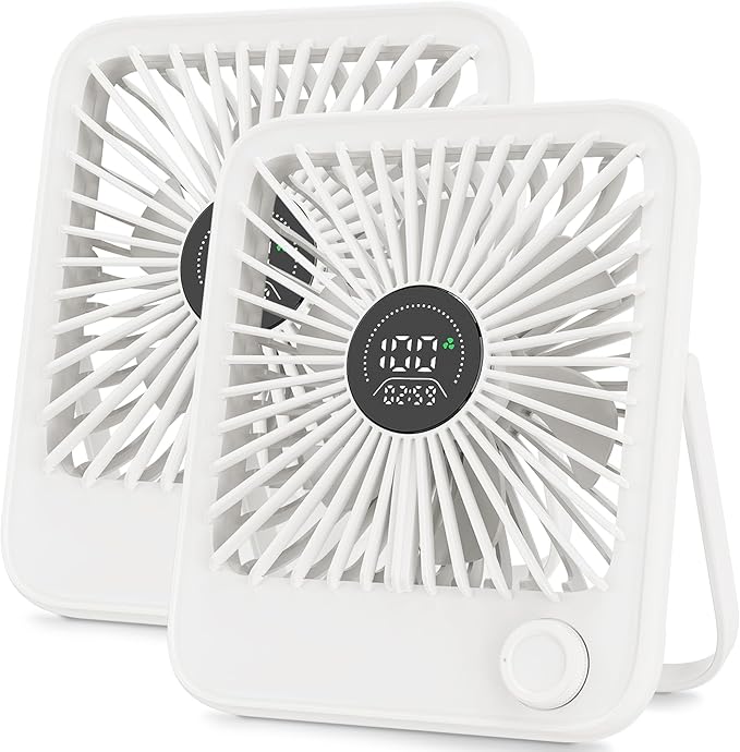 Ouddy Mode 2 Pack Small Desk Fan, Rechargeable Quiet Portable Travel Fan with 100 Wind Speeds Digital Display White Personal Fans for Office Bedroom Home Outdoor