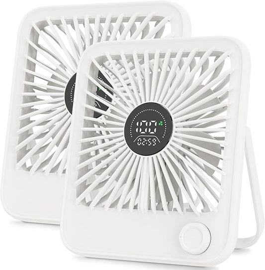 Ouddy Mode 2 Pack Small Desk Fan, Rechargeable Quiet Portable Travel Fan with 100 Wind Speeds Digital Display White Personal Fans for Office Bedroom Home Outdoor