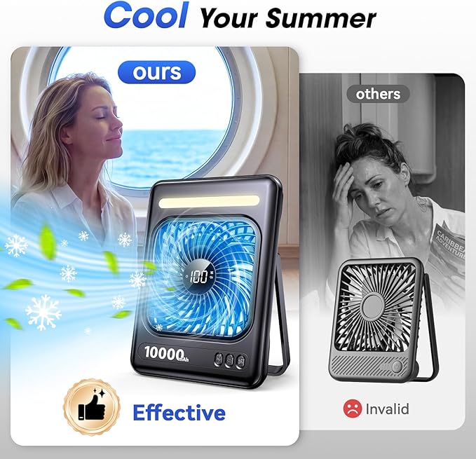 10000mAh Portable Travel Fan, 5 Speeds Strong Wind Cruise Fan with LED Lantern, 24H Runtime Cordless Personal USB Fan, 2/4/6/8H Timer, Ultra-thin Quiet Desk Fan for Camping, Office, Bedroom, Beach