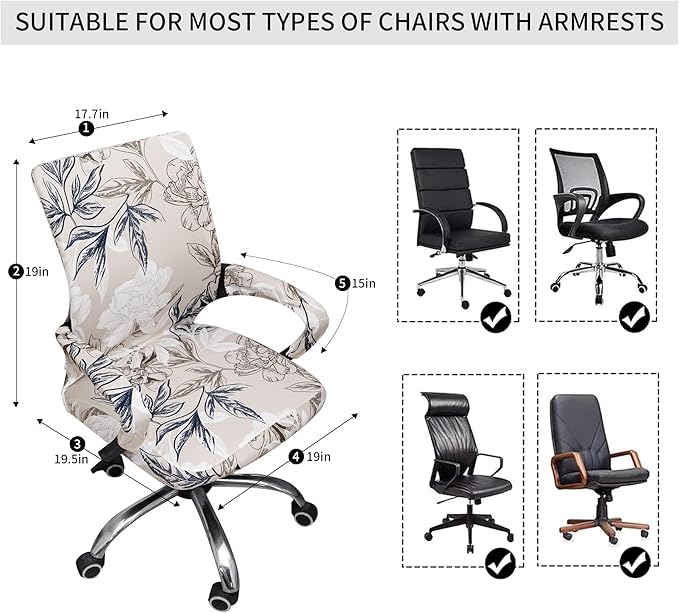 Waterproof Office Chair Cover with Armrest Cover 18Inch Wide Stretch Printed Floral Small Desk Computer Chair Covers with Long Zipper Arm Slipcovers Washable