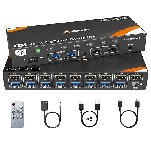 KVM Switch 8 Computers 1 Monitor HDMI 4K@60Hz, Reyoten USB 3.0 HDMI KVM Switch for 8 Computers Share 1 Monitor and 4 USB Devices with Hotkey, KVM Switches with IR Remote Control