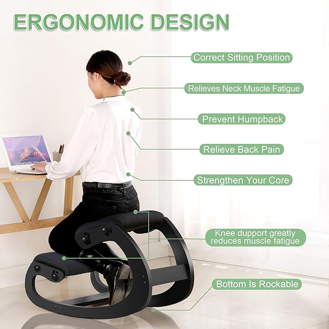 Predawn Adjustable Ergonomic Kneeling Chair – Custom Height Rocking Stool with Thick Cushions, Solid Wood Frame, and Knee Support. Ideal for Office Work or Meditation (Black)