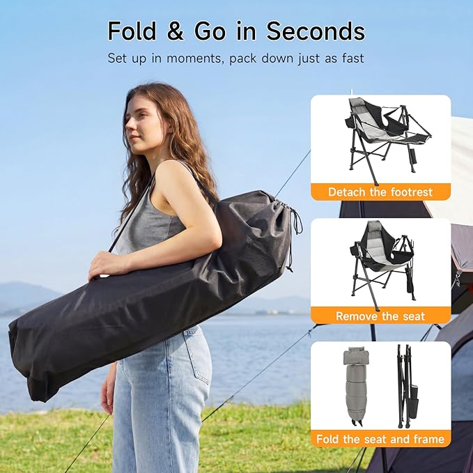 Hammock Camping Chair with Removable Footrest, 400lbs Heavy Duty Portable Swing Chair Outdoor with Adjustable Back, Foldable Camping Chair with Headrest and Cup Holder for Camping, Patio, Lawn
