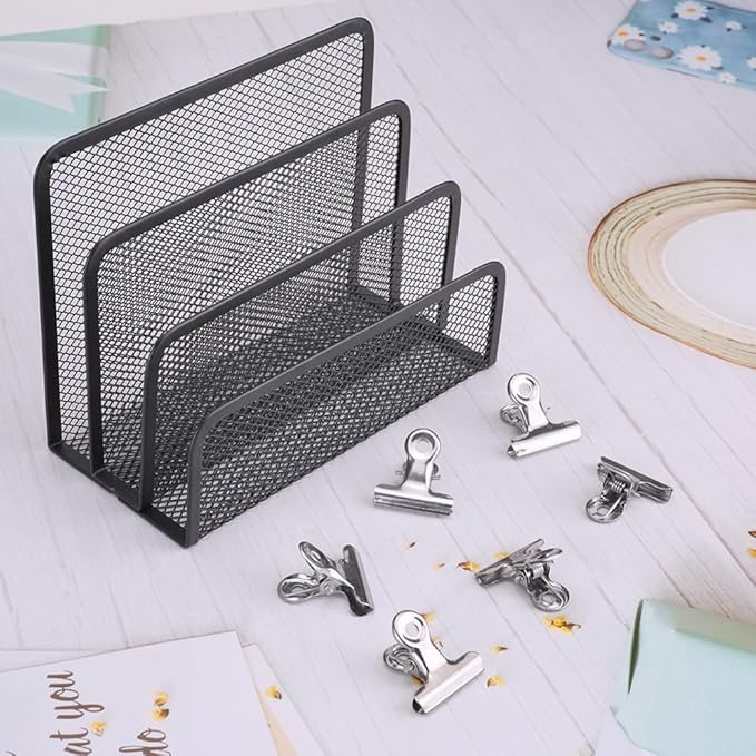 Desk Mail Organizer, 2 Pack Metal Mesh Small File Holders with 6 Metal Clips Letter Organiser Countertop with 3-Slot, Office Mail Sorter Organizer for Bill Paper Folder Document (Black)