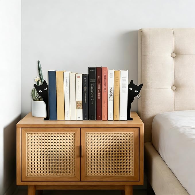 Peekaboo Cat Bookends, Cute Black Metal Decorative Book Ends for Shelves, Heavy Duty Rustproof Book Stoppers for Home Office Study Desk, for Cat Lovers Book Lovers
