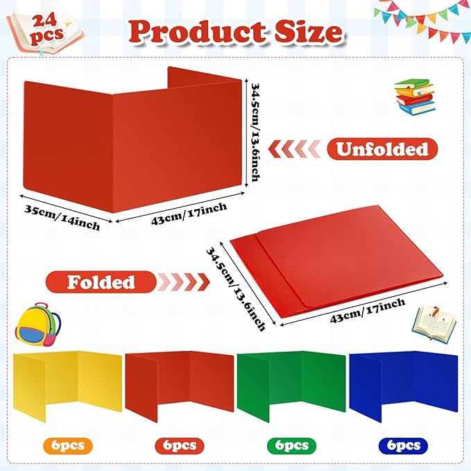 24 Packs Colorful Privacy Folders for Student Desk Durable Waterproof Plastic Divider Board Tri Fold Easy Clean Privacy Shield Divider with Sticker Clips and Clips for Classroom Teacher Supplies