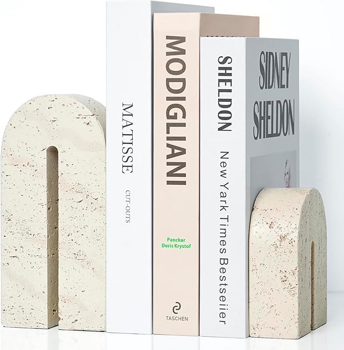 BOHDK Book Ends for Shelves, Resin Heavy Duty Decorative Bookends, Retro Arch Book Holder for Heavy Books, Imitation Travertine Book Stopper for Home Decor, Study, Bookshelf, Desktop, Set of Two