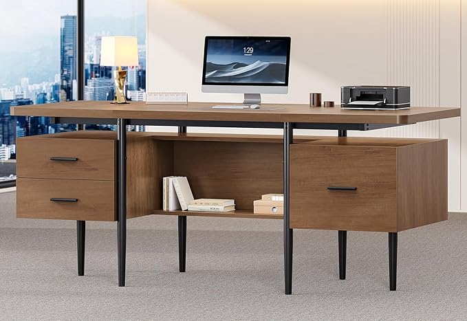 70.9" Modern Executive Desk, Wooden Computer Desk with 2 Drawers and File Drawer, Privacy Panel & Open Storage Shelf, Large Home Office Writing Desk, Brown