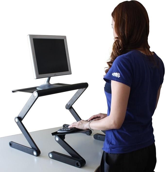 WorkEZ Adjustable Standing Desk Converter w/2 Fans & 3 USB Ports, Sit to Stand Desk Riser Monitor Standing Computer Desk, Height & Angle Negative Tilt