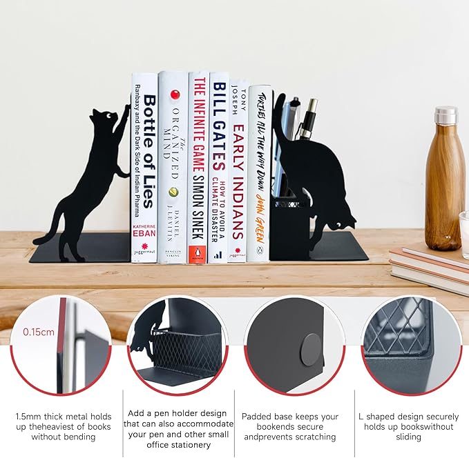 Cat Book Ends for Shelves, Metal Decorative Book Ends with Pen Holder, Fun Unique Bookends, Cool Black Cat Bookends for Home Office Desk Bookshelf Decor, Gift for Cat Lovers and Reading Enthusiasts