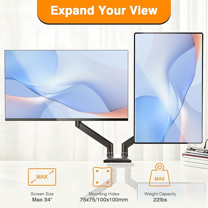 Dual Monitor Arms, Gas Spring Monitor Arms for 2 Monitors up to 34" Curved/Flat, 22lbs per Arm, VESA Mount 75x75 100x100mm, C-Clamp & Grommet Base, Adjustable Tilt/Swivel/Rotation