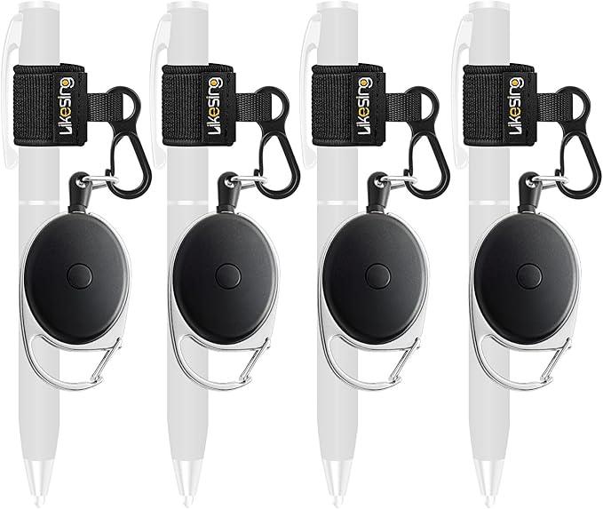 Likesing 4 Retractable Pencil Holder Set, 27.5" Anti-Lost Retractable Pen Holder with Clip, Elastic Reel Pen Leash for Nurses, Teachers, Waitres, Carpenters, Construction Workers(Black)