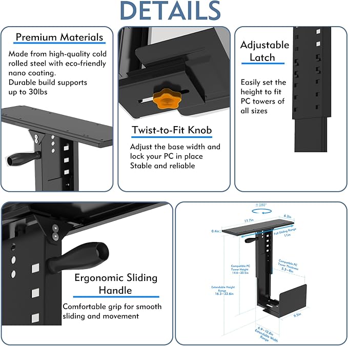 Under Desk PC Mount with Sliding Rail, 55 lbs Load Capacity, Height and Width Adjustable CPU Holder with 360° Swivel, Computer Case CPU Machine Holder Stand with Swivel and Secure Locking