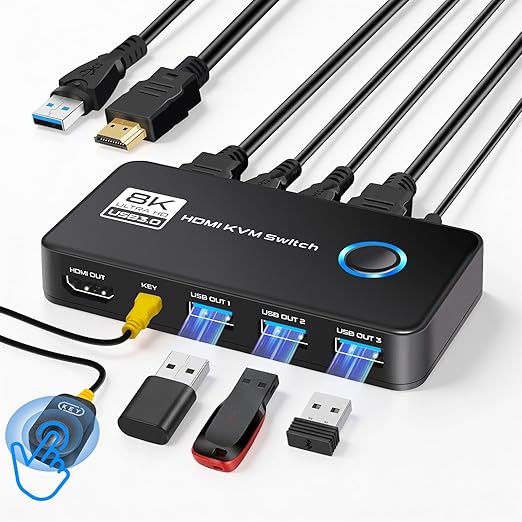 USB 3.0 KVM Switch 1 Monitor 2 Computers - 4K@120Hz 8K@60Hz HDMI 2.1 KVM Switches with 3 Ports for Sharing Monitor Keyboard Mouse Hard Drives and Printer Includes 2 HDMI & USB Cables and Controller