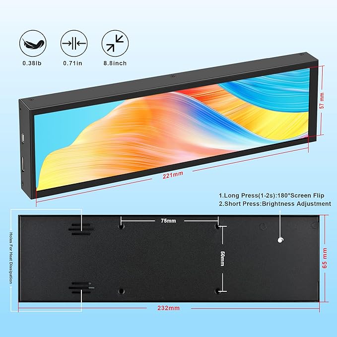 8.8 Inch FHD Computer Secondary Screen IPS 1920x480 LCD Display CPU Temperature Monitor with Casing for Computer Case Temperature Windows macOS Aida64 CPU GPU Monitor