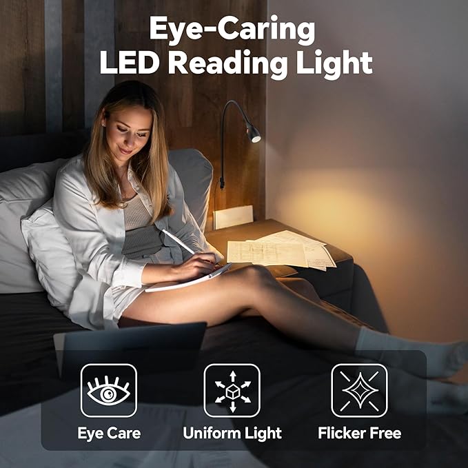 Wall Mounted Reading Light, Minimalist Headboard Mount Book Light, Dimmable LED with Lamp Head Switch Reading Lamp, USB-C Powered, CRI 95+ (4000K + Amber Nightlight) (Black)