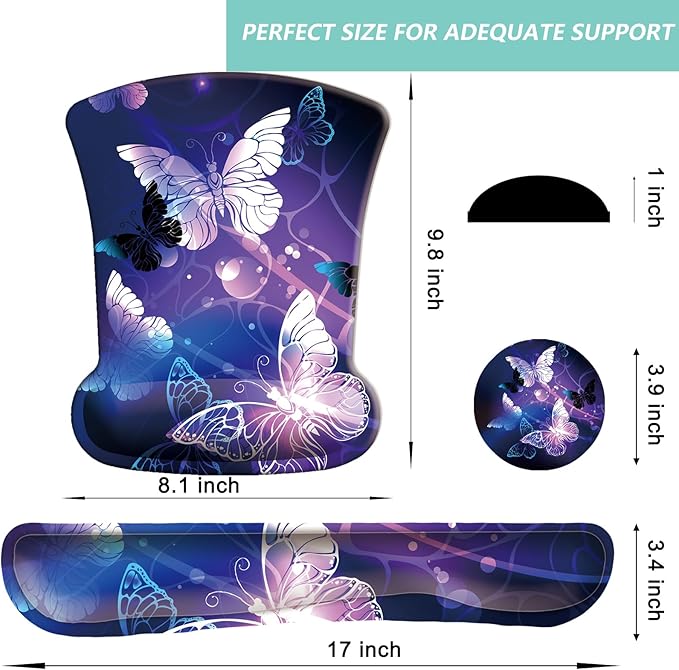 Keyboard Wrist Rest Pad Mouse Pad with Wrist Support Set of 3, Gaming Mousepad with Non-Slip Rubber Base, Ergonomic Memory Foam Mouse Cushion Support for Home Office Laptop Computer, Butterfly