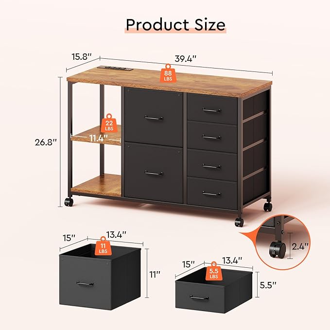 Maihail 6 Drawer File Cabinet with Charging Station Rolling Printer Stand with Open Storage Shelf Fabric Lateral Filing Cabinet for Home Office,Rustic Brown