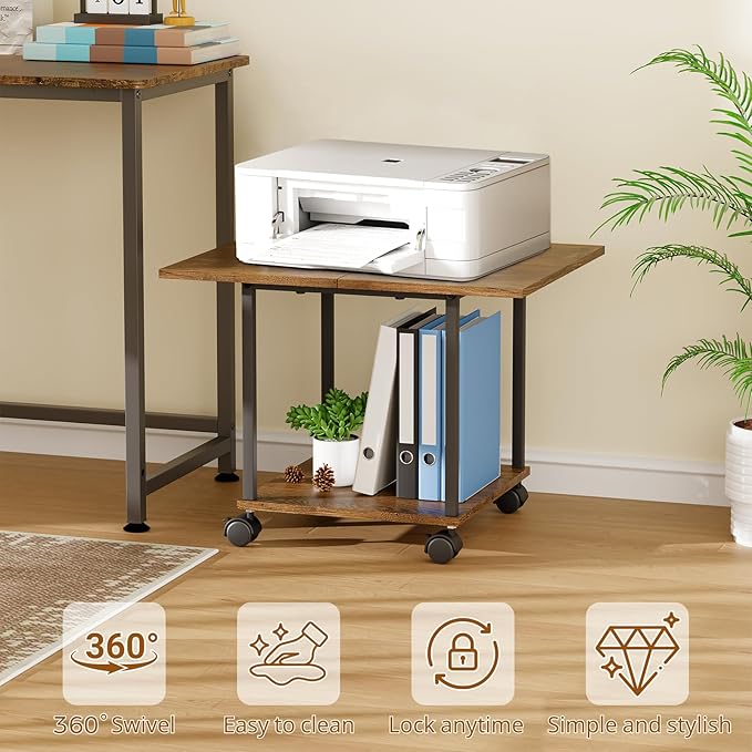 BEWISHOME 2-Tier Industrial Mobile Printer Stand, Rolling Cart with Storage Shelf, Lockable Wheels, for Home, Office (Brown) BDZ01Z