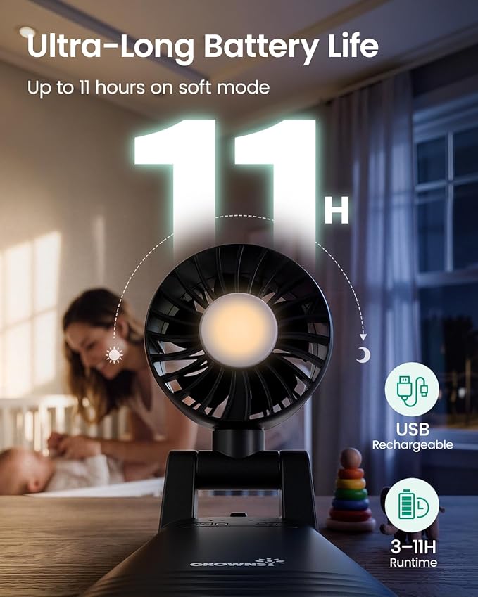 GROWNSY Portable Stroller Fan with Clip | Foldable Mini Fan for Baby Carrier | Small Handheld Fan with Soft Night Light | Rechargeable 4-Speed Baby Fan for Travel/Desk/Bed/Backpack/Car Seat (Black)