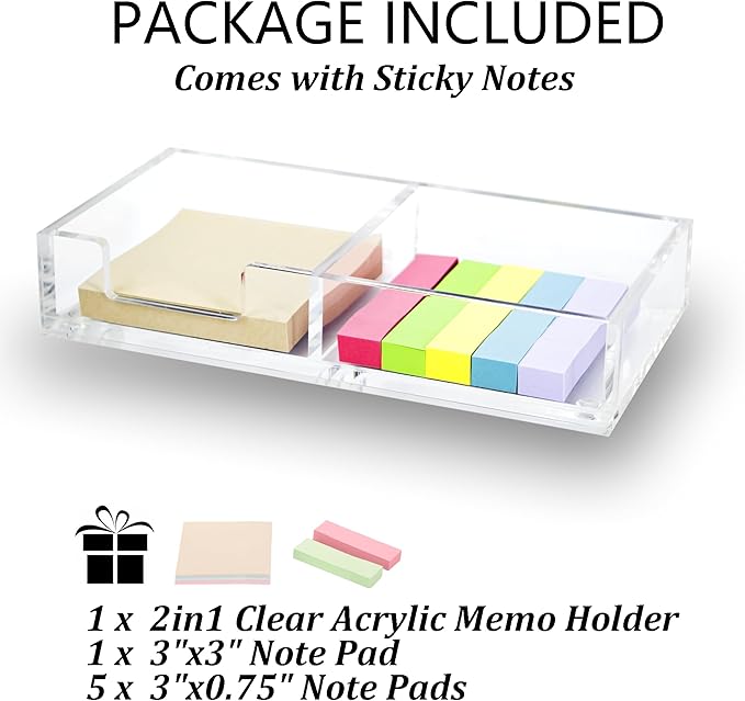 Sticky Notes Holder 2in1 Memo Pad Dispenser,7.68" x 3.9" x 1.38" Clear Desk Supplies Organizer Accessories for Office Home School Post Bank (DP013)