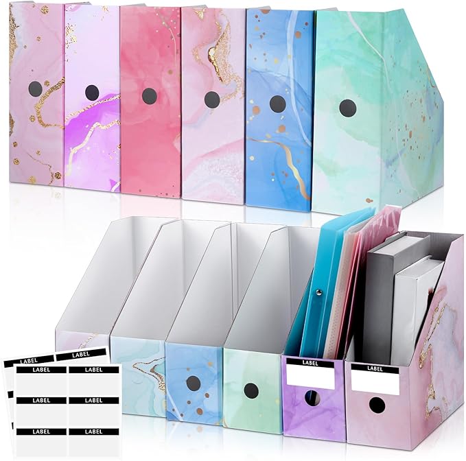 PerKoop 6 Pcs Decorative Magazine File Holders Floral Foldable File Folders Magazine Storage Boxes Rack Desk Organizer Documents with Printable Labels for School Office Home (Marble)