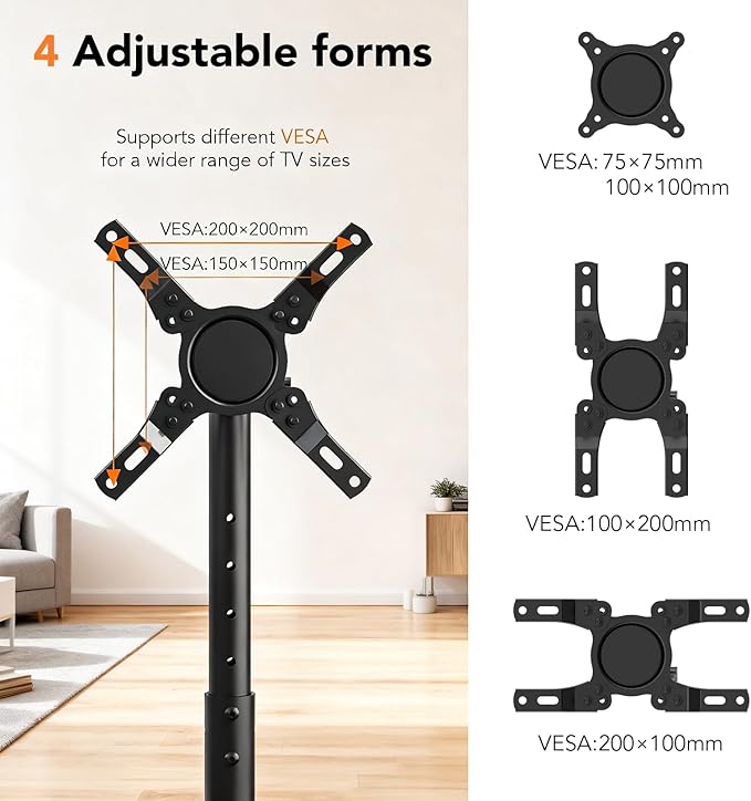 Mobile TV Floor Stand for 13-50 inch LCD LED Flat/Curved Panel Screen TVs up to 44 lbs, Height Adjustable TV Stand Mount with Tilt VESA 200x200, Portable TV Stand with Shelf HT2007BM