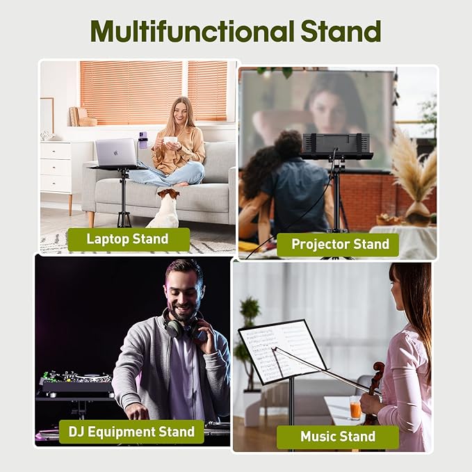 Projector Stand Laptop Tripod - Portable Tripod Adjustable Height 20 to 60 Inch, Projector Stand with Gooseneck Phone Holder ＆ Mouse Tray, Laptop Floor Stand for Podium, Studio, DJ Racks