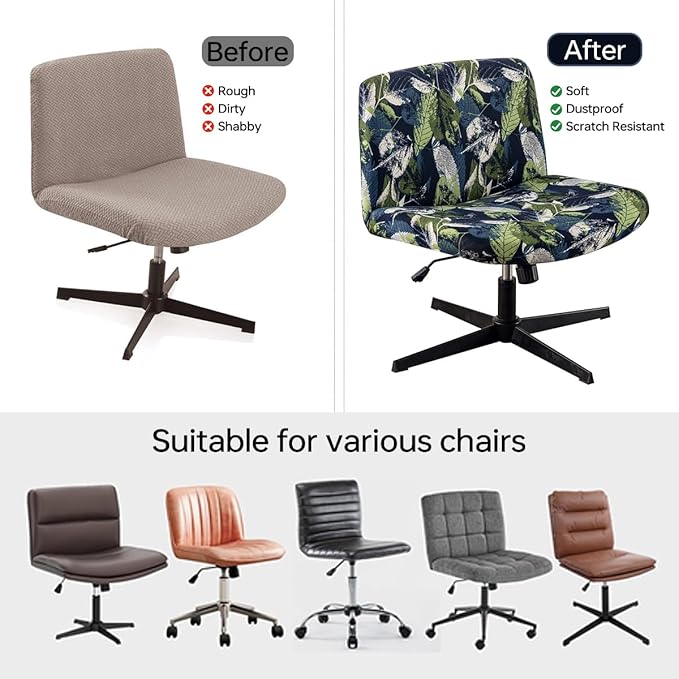Armless Chair Slipcover Stretch Criss Cross Chair Cover, Mid Back Wide Seat Accent Chair Covers,Modern Vanity Chair Cover for Office Desk (Leaf Vein)