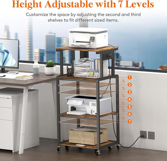 Lifewit 4 Tier Printer Stand with 3 Power Outlets, Wheels and Adjustable Storage Shelf for Home Office, Rolling Printer Cart for Shredder, Scanner, Fax, Hold 340lbs, Rustic Brown