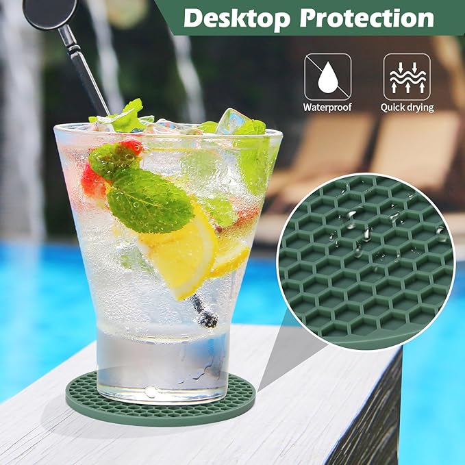 TWTLi Silicone Coasters Set of 8 with Holder,Coasters for Drinks,Beer,Coffee Coasters,Suitable for Kinds Cups,Hot or Cold,Anti-SLI,Non-Stick,Anti-Overflow Tabletop Protection and Decor (8 Pcs, Green)