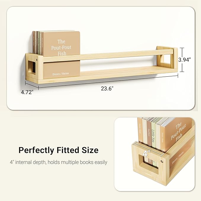 TidyCorner Upgraded Thick Floating Shelves - 24 Inch Multi-Use Wall-Mounted Bookshelves for Kids and Nursery, Ideal for Books, Toys, Spice Rack, Decor - Natural Wood