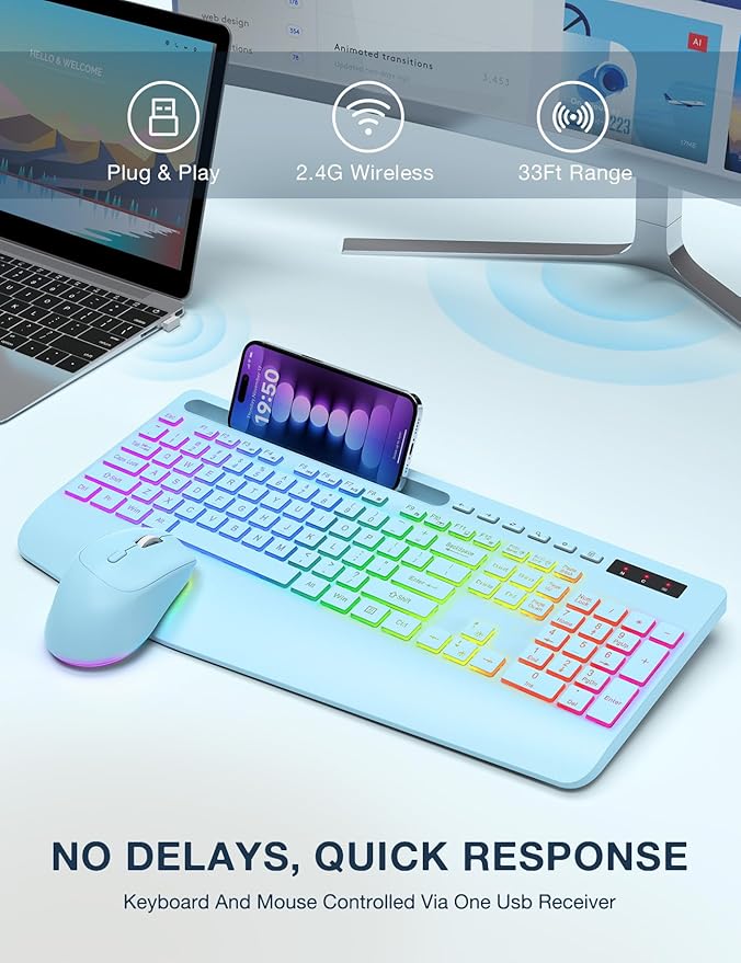 Wireless Keyboard and Mouse Combo, 9 Backlit Effects, Wrist Rest, Phone Holder, 3 DPI Speed, 2.4G Ergonomic Keyboards, KM22 MAX Rechargeable Silent Set for Computer, Laptop, Mac, Windows, Blue-SABLUTE