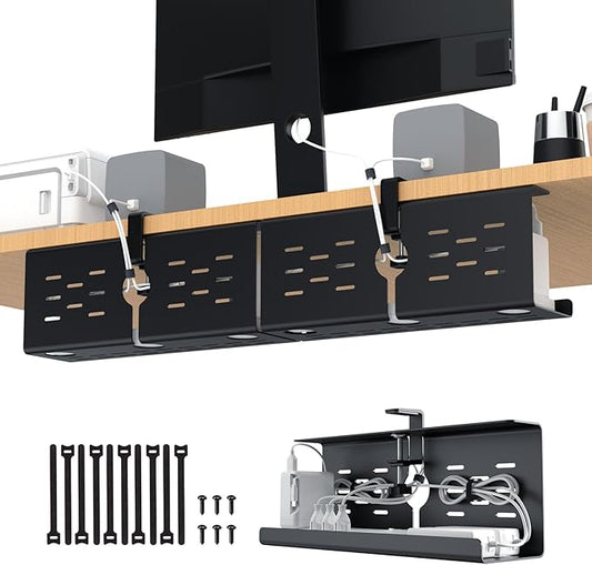 KEEGH 16" Under Desk Cable Management Tray, 2 Pack Desk Cord Organizer Upgrade Capacity, No Drill Clamp/Screws Mount, Cord Management Tray for Home Office, Gaming Desk, Standing Desk, Black