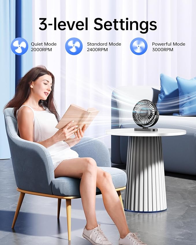 SWEETFULL USB Desk Fan Small Quiet - 3 Speeds Mini Personal Portable Fan 360° Rotation Adjustable, 5.5 Inch Office Table Cooling Gadgets on Desktop (Black)