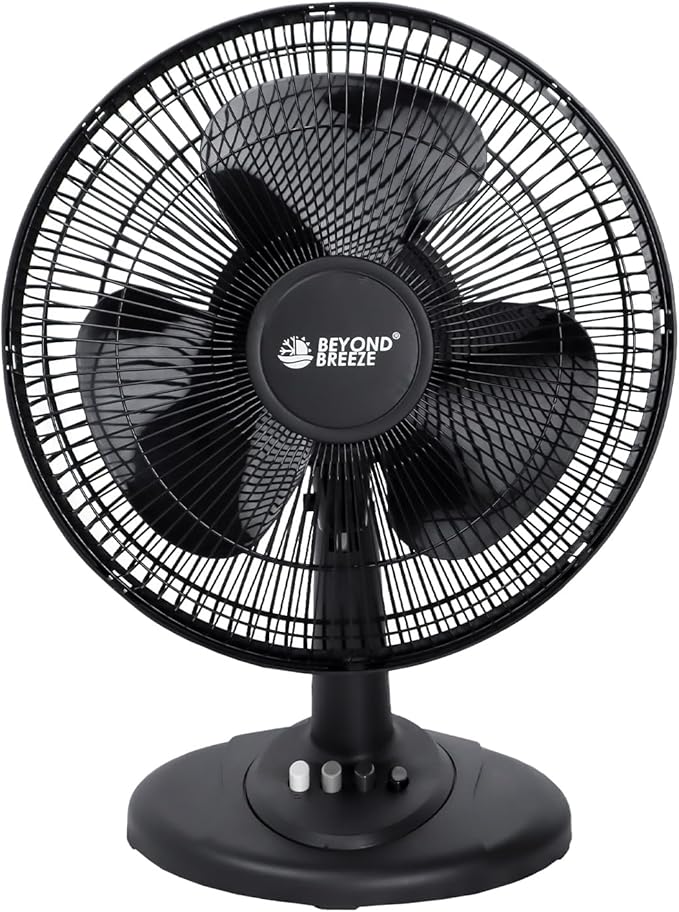 BEYOND BREEZE Oscillating Table Fan Quiet 3-Speed 12-Inch Adjustable Tilt Fan with Safety Grill, Ideal for Home, Office, Dorm, Black