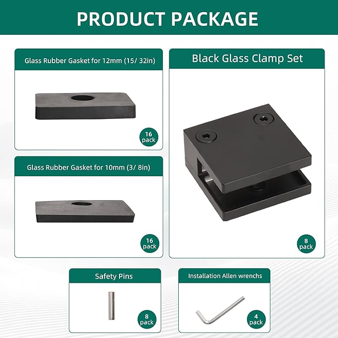 Black Glass Railing Clamp Adjustable Flat Shelf Bracket, for Thickness 3/8"-15/32"(10mm-12mm), 304 Stainless Steel Heavy Duty Square 55 * 55mm Glass Railing Balustrade Post Clamps (8 Pack)